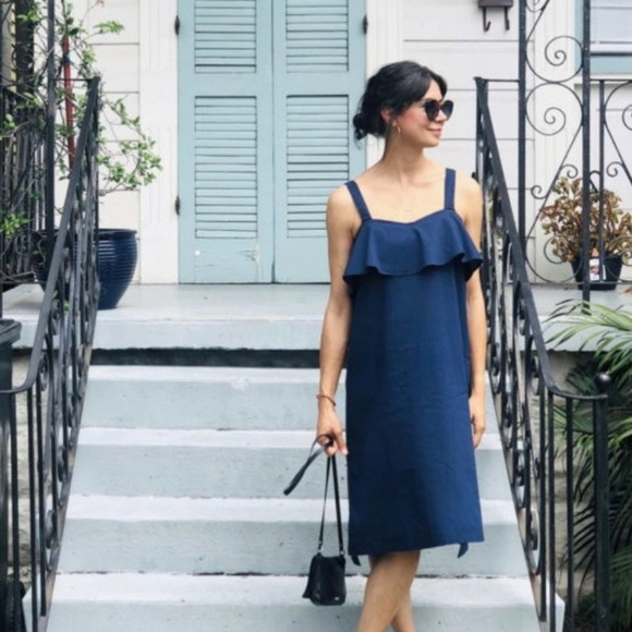 Salua Midi Navy Cotton Dress Size Medium Ruffle - Picture 6 of 6